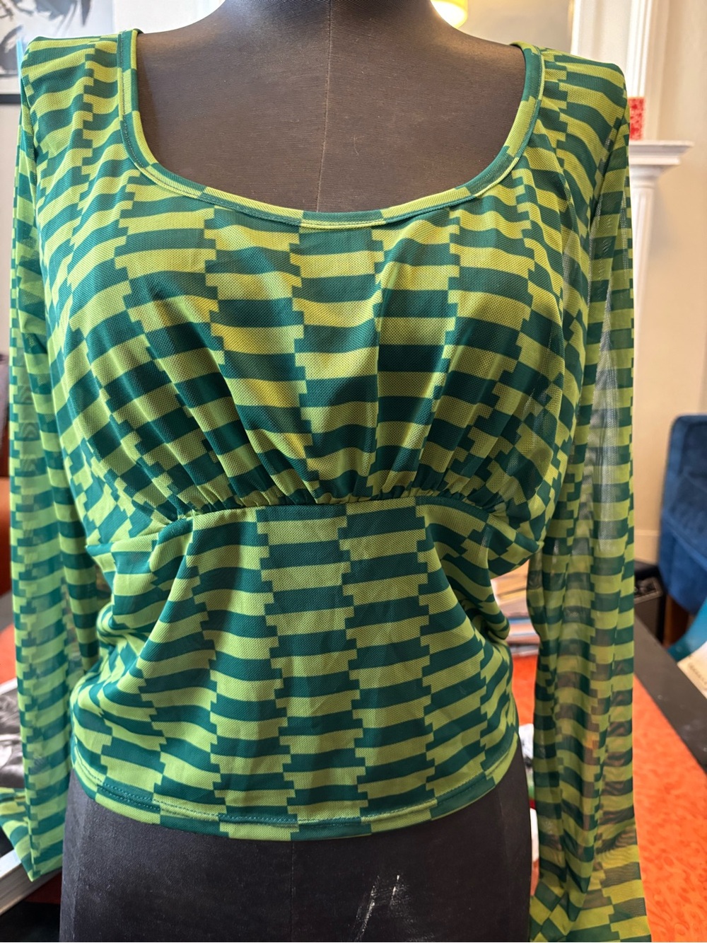 Lisa Says Gah Fall 2021 Green Cropped Mesh Long Sleeve Top Size L - Picture 5 of 8